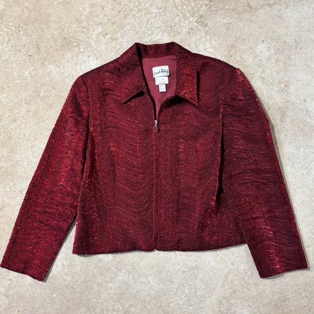 Vintage Joseph Ribkoff Red Textured Jacket Women’s Size 16 Zipper Closure